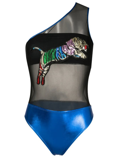 Sequin-Embellished One-Shoulder Swimsuit