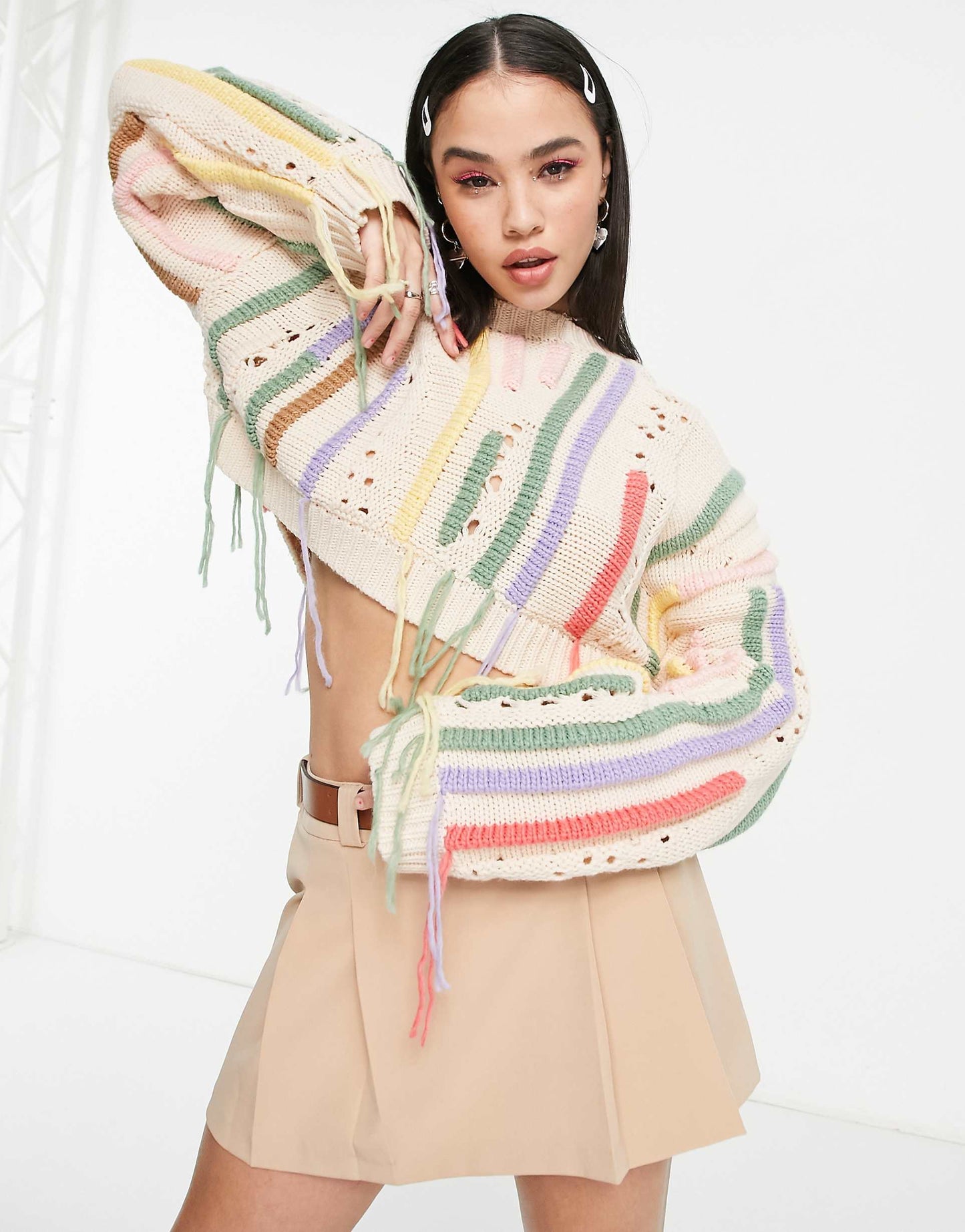 Cropped Relaxed Jumper With Distressing Detail & Yarns