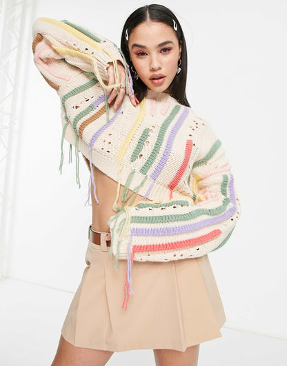 Cropped Relaxed Jumper With Distressing Detail & Yarns