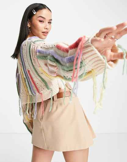 Cropped Relaxed Jumper With Distressing Detail & Yarns