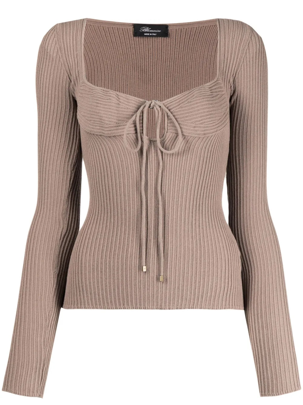 Ribbed-Knit Tie-Neck Sweatshirt