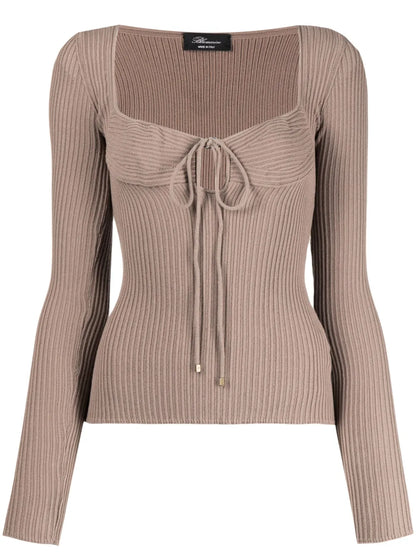 Ribbed-Knit Tie-Neck Sweatshirt