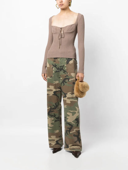 Ribbed-Knit Tie-Neck Sweatshirt