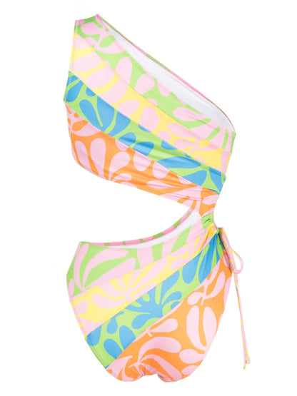 Leaf-Print Asymmetric Swimsuit