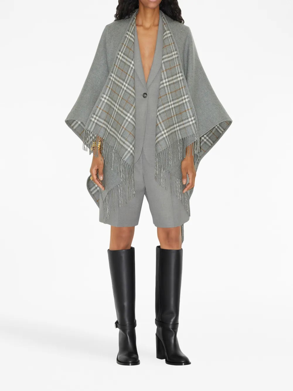 Check-Print Reversible Wool Cape