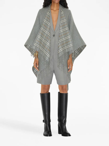 Check-Print Reversible Wool Cape