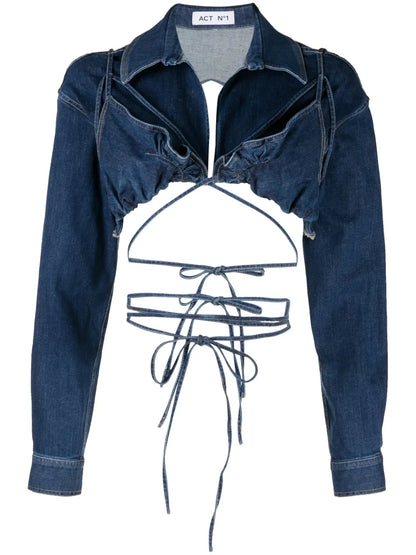 Cropped Open-Back Denim Blouse