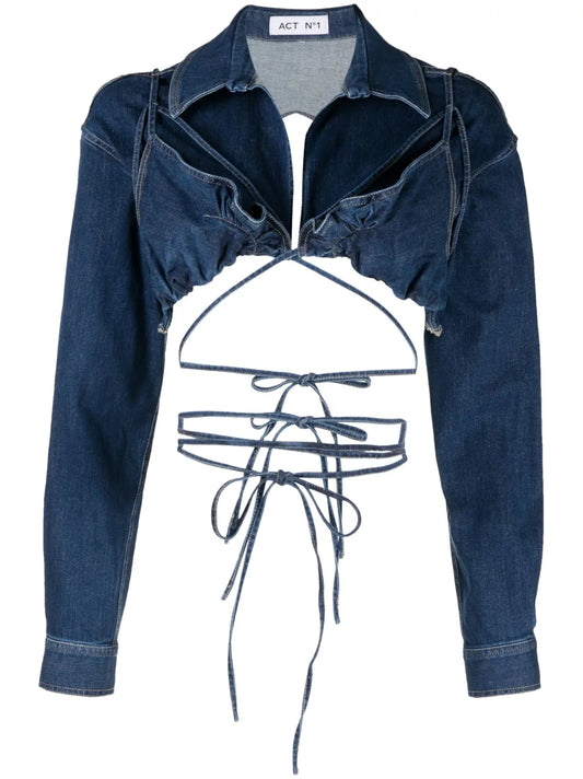 Cropped Open-Back Denim Blouse