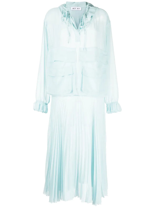 Pleated Long-Sleeve Organza Dress