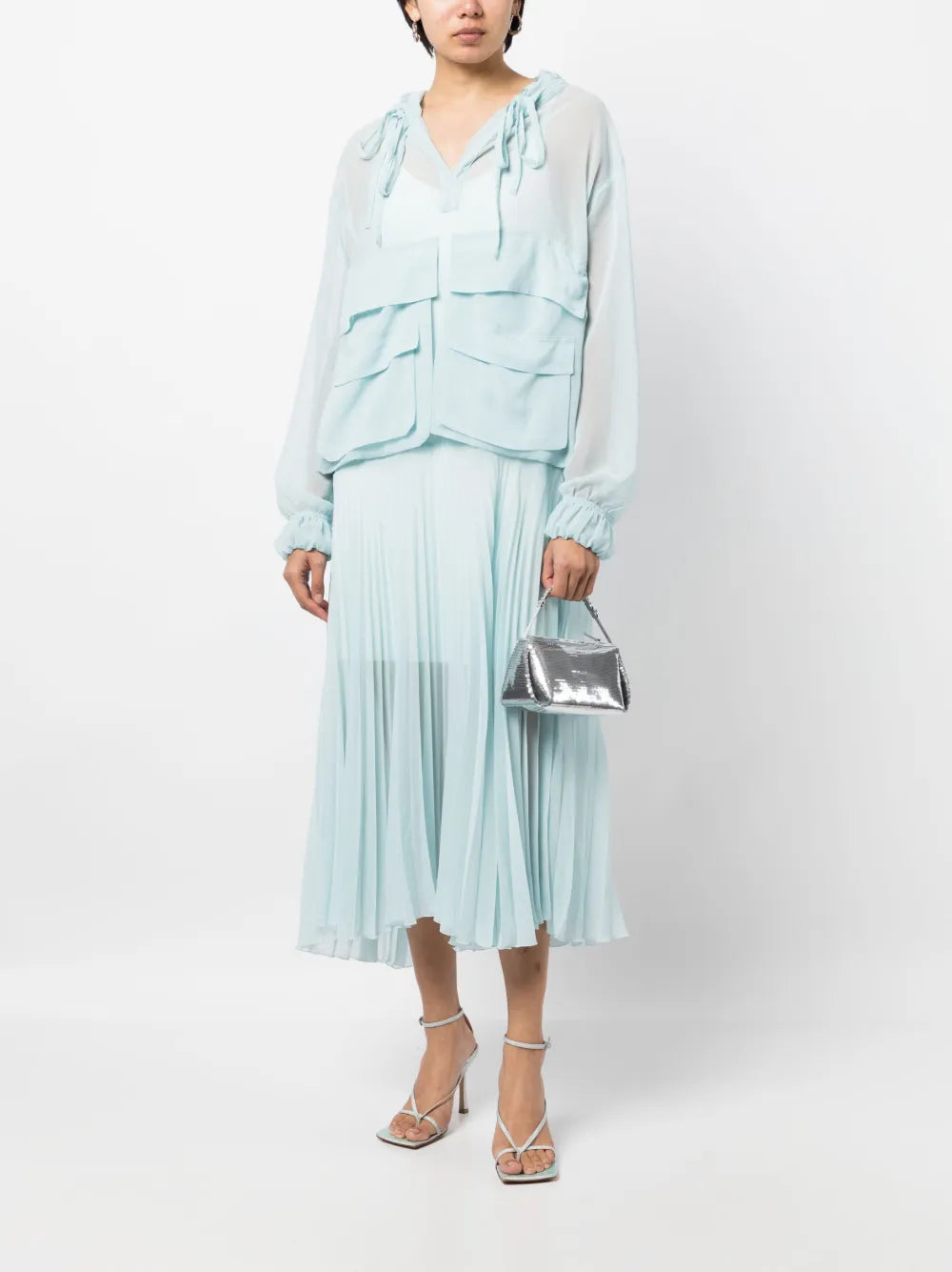 Pleated Long-Sleeve Organza Dress