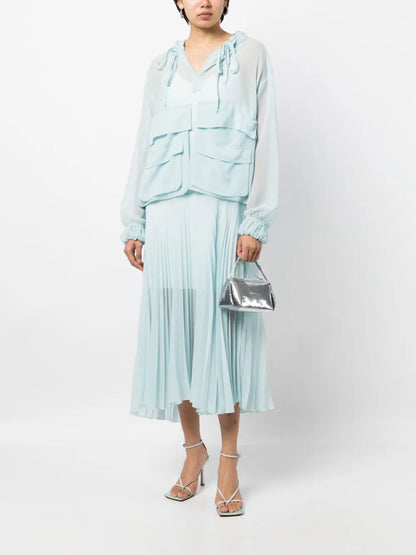 Pleated Long-Sleeve Organza Dress