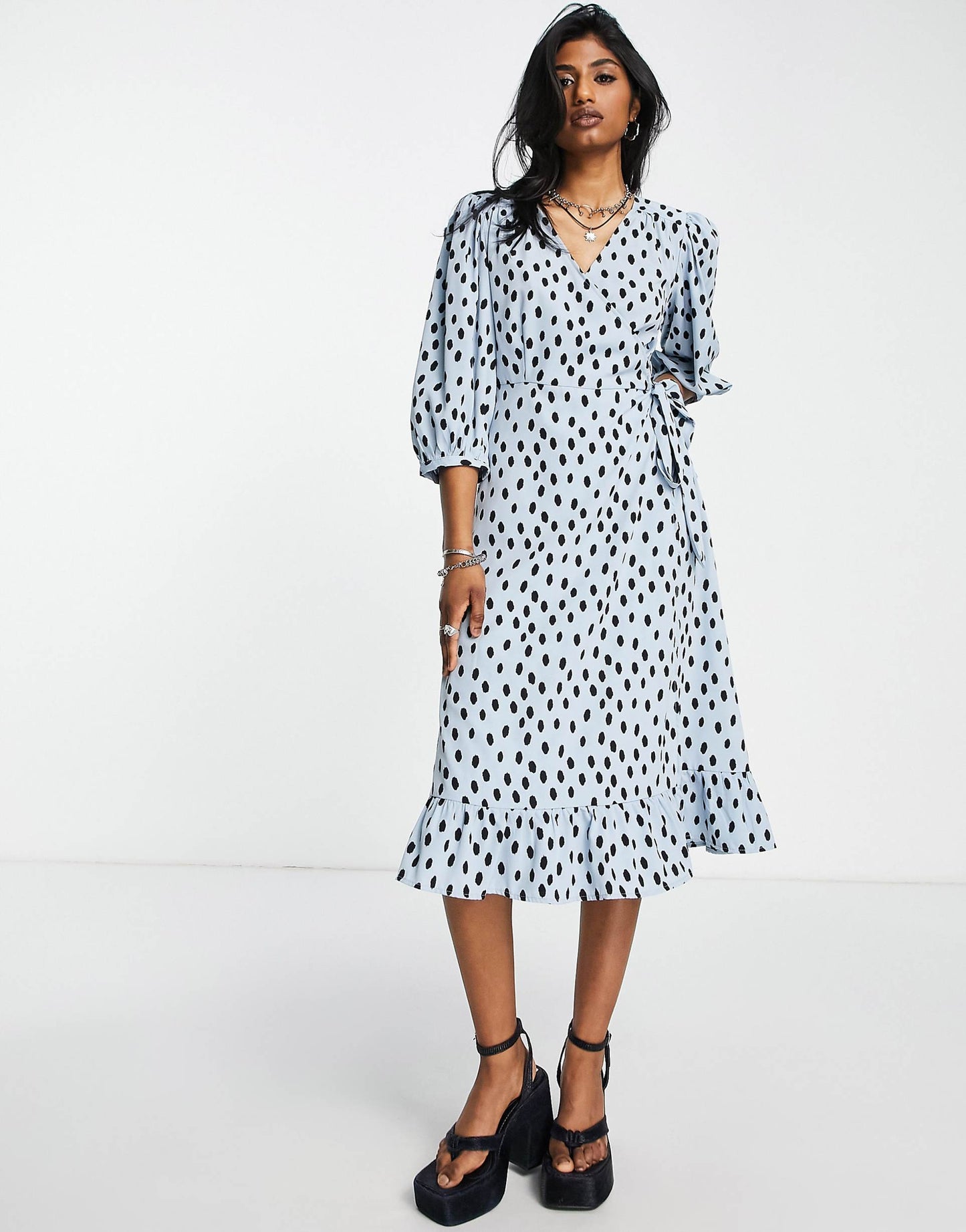Puff Sleeve Wrap Midi Dress