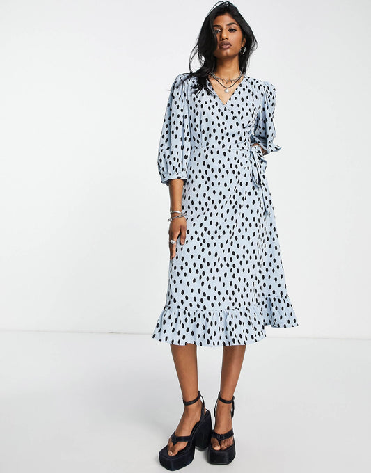 Puff Sleeve Wrap Midi Dress