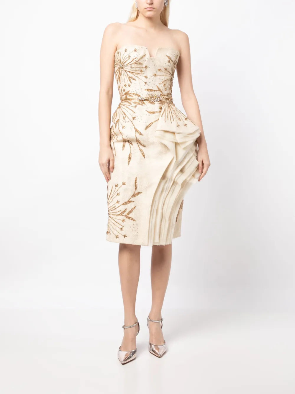 Layered-Design Beaded Strapless Dress