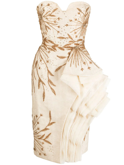 Layered-Design Beaded Strapless Dress