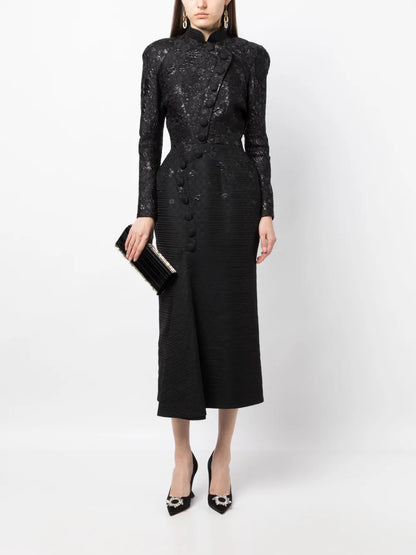Brocade-Effect Long-Sleeve Dress