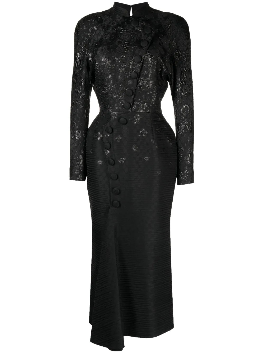 Brocade-Effect Long-Sleeve Dress