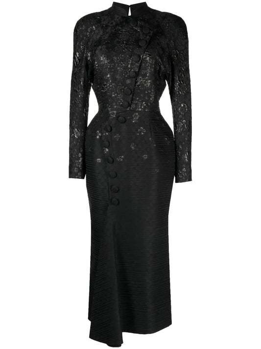 Brocade-Effect Long-Sleeve Dress