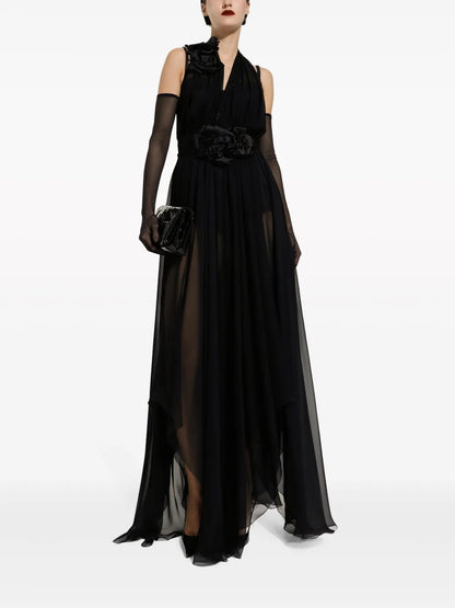 Floral-Detail Pleated Silk Dress