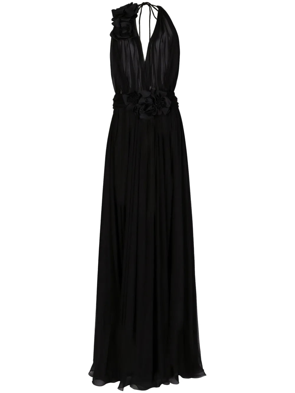 Floral-Detail Pleated Silk Dress