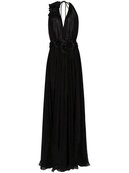 Floral-Detail Pleated Silk Dress