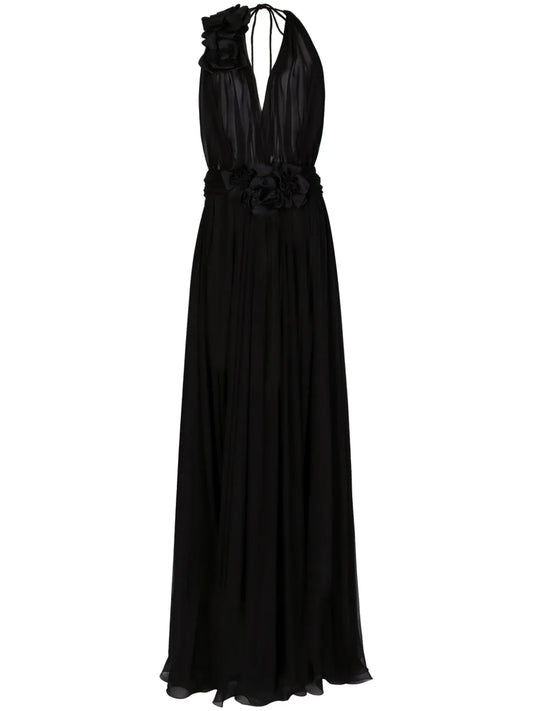 Floral-Detail Pleated Silk Dress