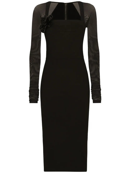 Tulle-Sleeve Midi Dress