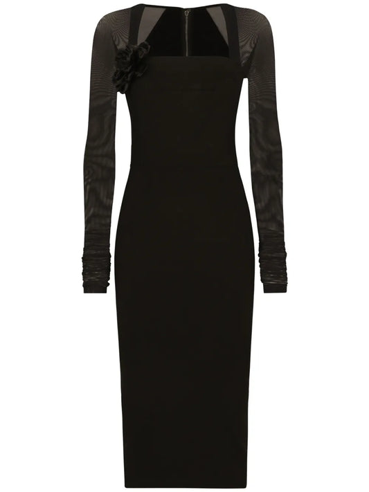 Tulle-Sleeve Midi Dress