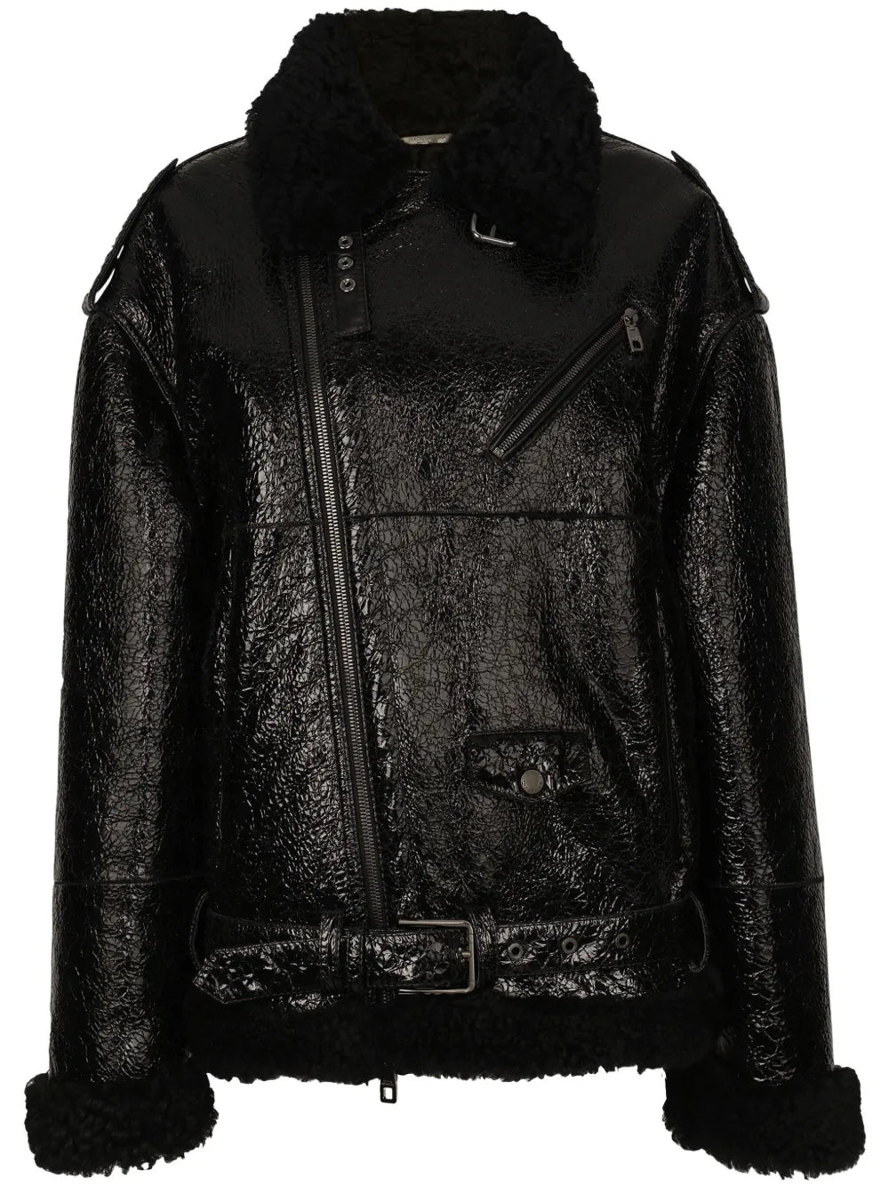 Frilled-Collar Pebbled Leather Jacket