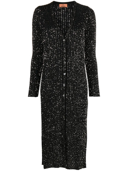 Metallic-Threading Long-Line Cardigan