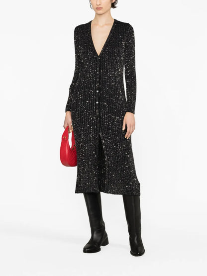Metallic-Threading Long-Line Cardigan