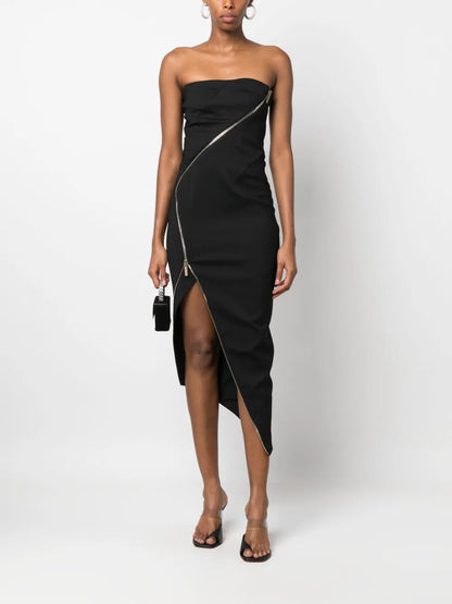 Asymmetric Zip-Up Strapless Dress