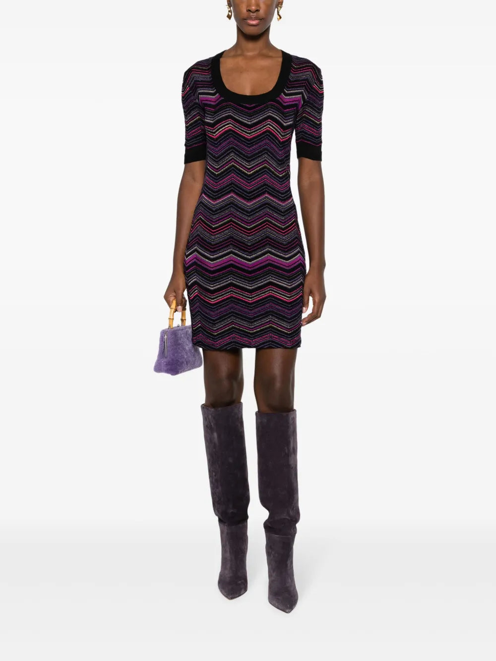 Zigzag-Woven Short-Sleeve Minidress