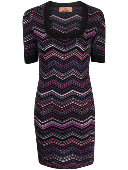 Zigzag-Woven Short-Sleeve Minidress