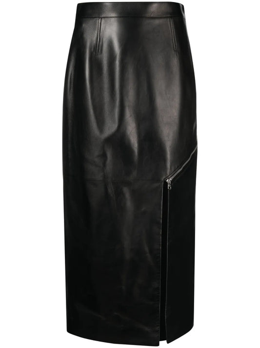 Side-Slit Leather Midi Skirt