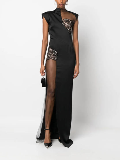Rhinestone-Embellished Sheer-Panels Gown