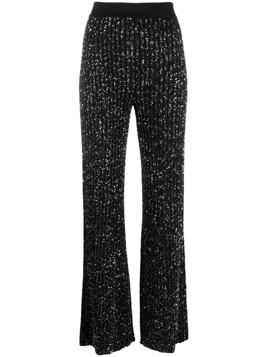 Sequin-Embellished Ribbed-Knit Trousers