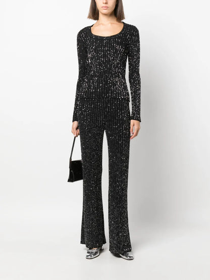 Sequin-Embellished Ribbed-Knit Trousers
