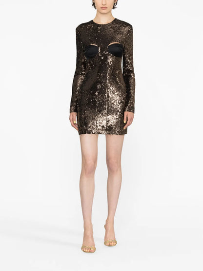 Sequin-Embellished Long-Sleeved Dress
