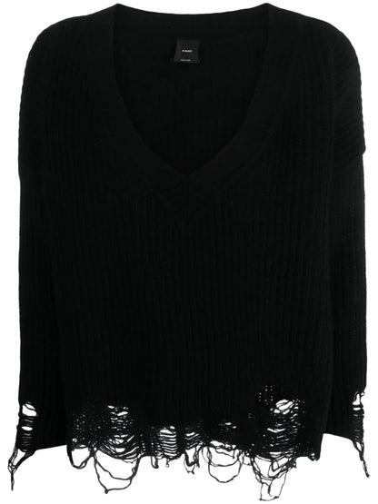 Ripped V-Neck Knitted Jumper