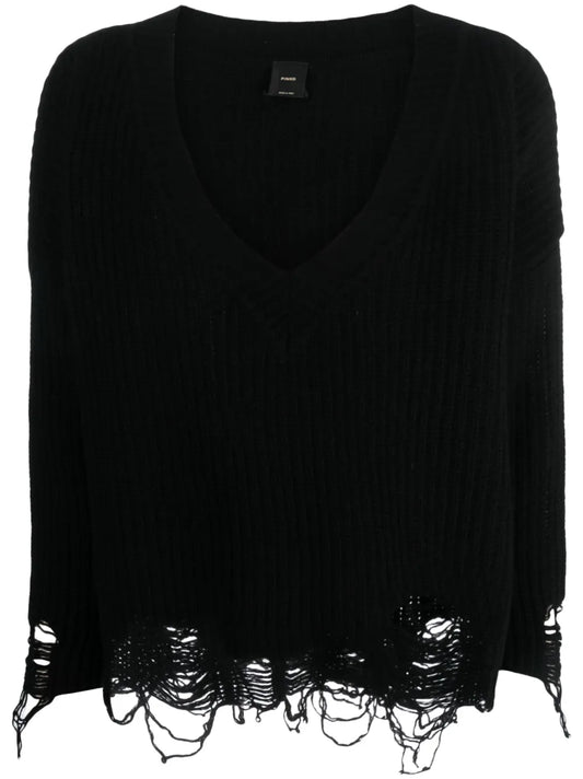 Ripped V-Neck Knitted Jumper