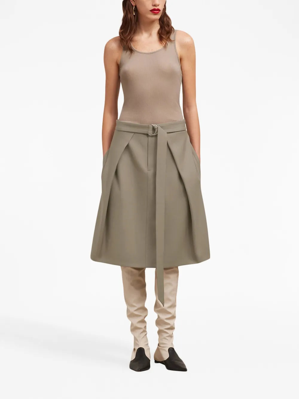 Belted Wool Midi Skirt