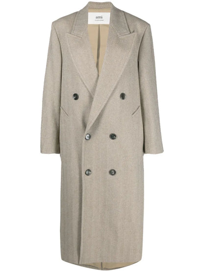 Double-Breasted Herringboned Long Coat