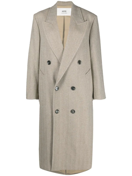 Double-Breasted Herringboned Long Coat