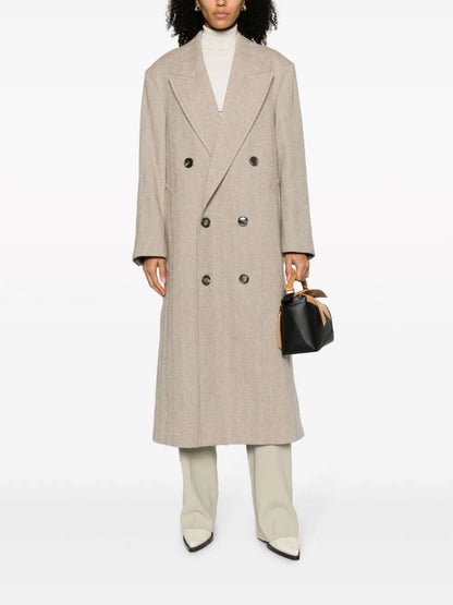 Double-Breasted Herringboned Long Coat