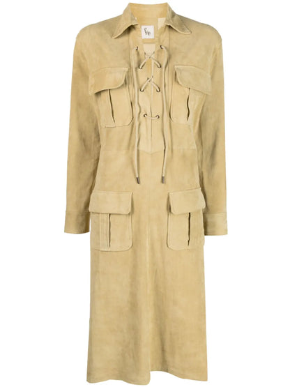 Spread-Collar Leather Midi Dress