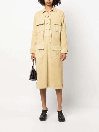 Spread-Collar Leather Midi Dress