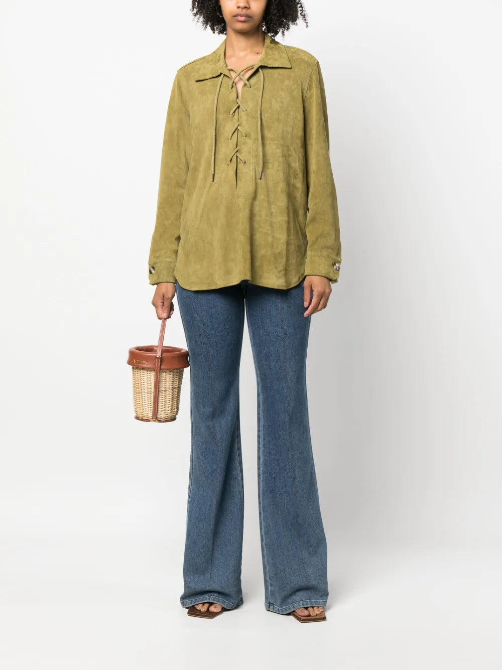 Spread-Collar Leather Blouse
