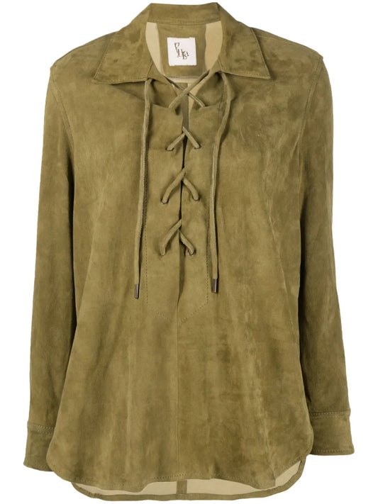Spread-Collar Leather Blouse