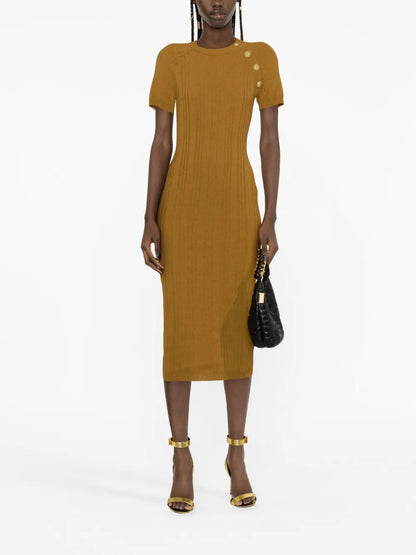 Button-Embellished Midi Dress